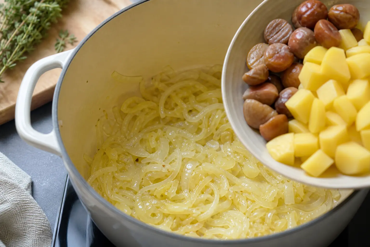 Faire fondre l’oignon avant d’ajouter les châtaignes et la pomme de terre