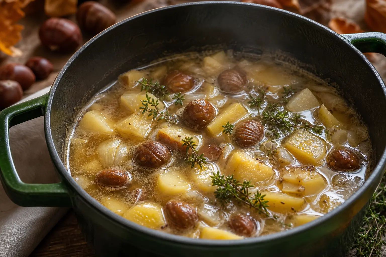 Laisser mijoter les châtaignes avec le bouillon et le thym