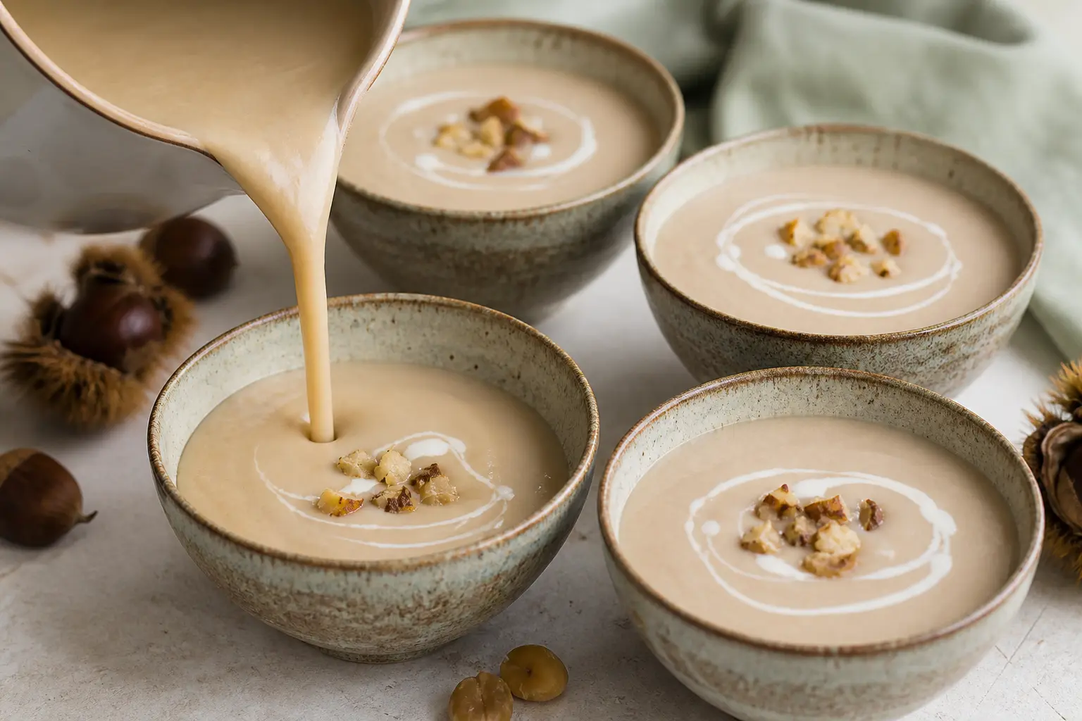 Verser le velouté de châtaignes mixé dans les bols