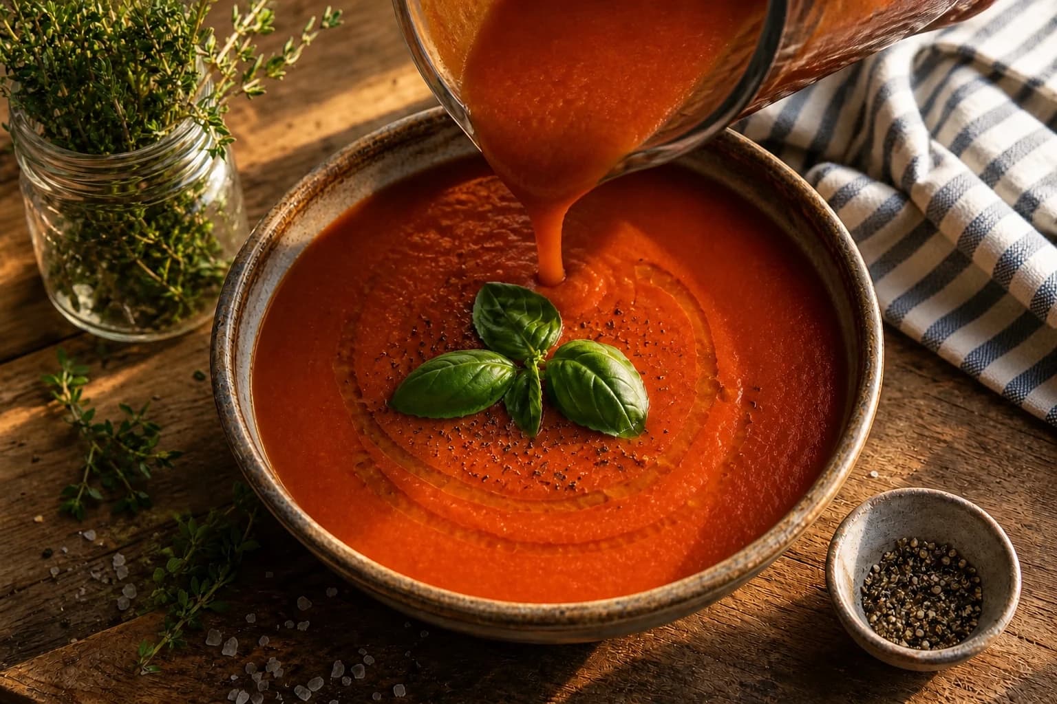 Velouté de tomates mixé et onctueux servi avec un filet d'huile d'olive et du basilic