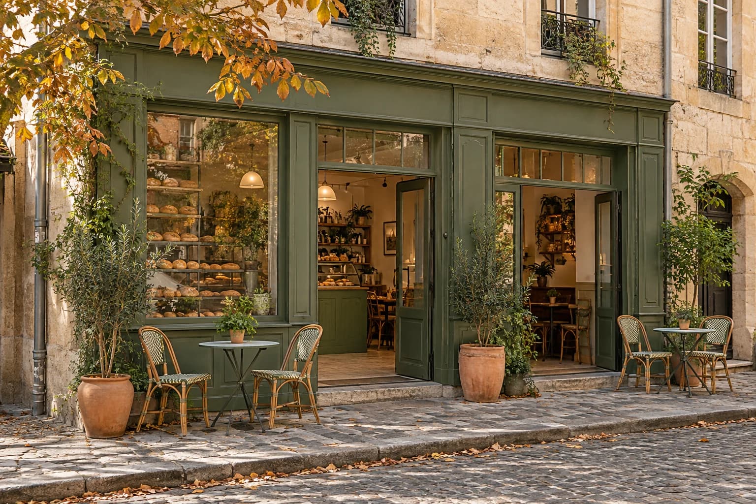 Façade illustrée de Maison Sésame, café fictif, avec quelques tables en terrasse