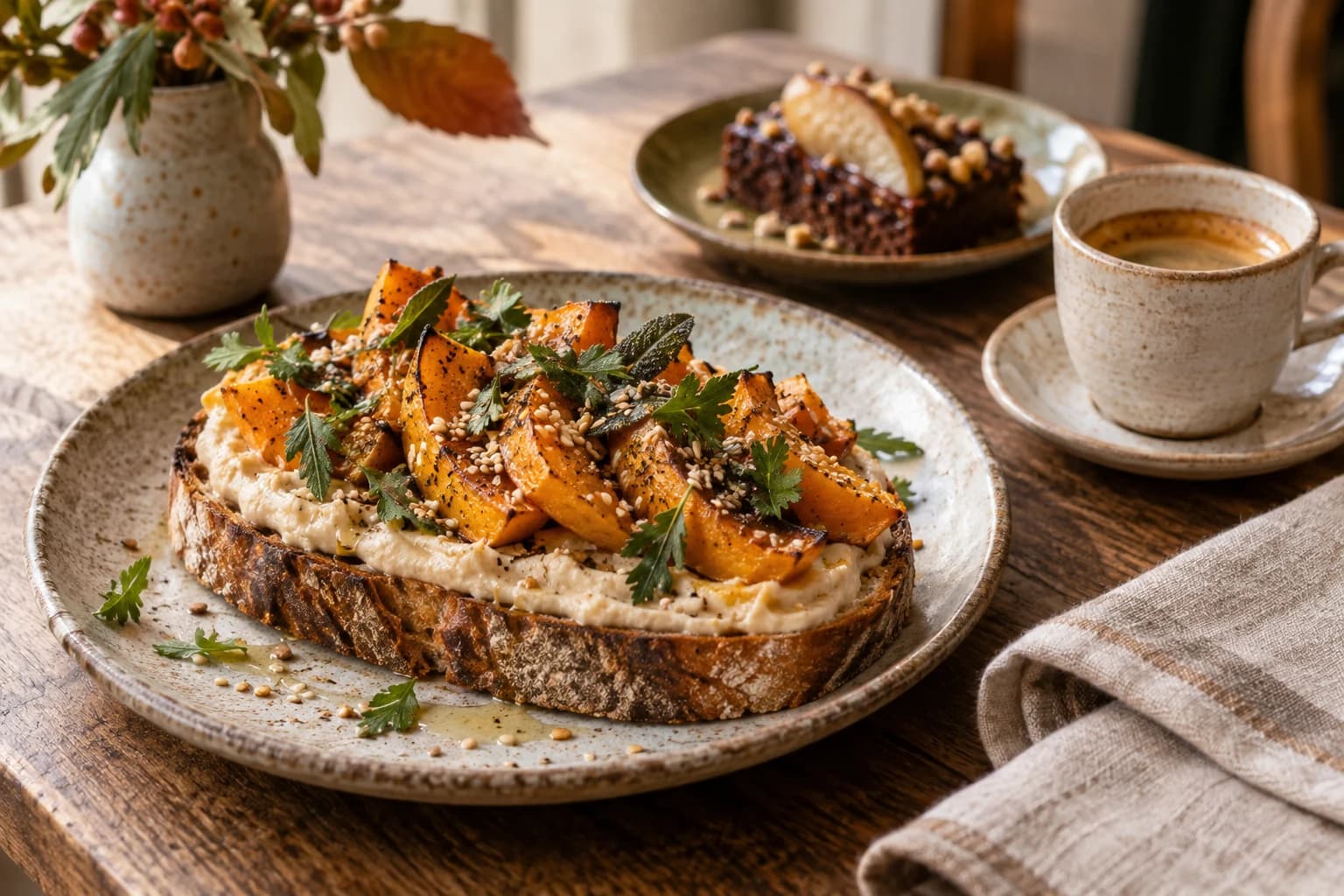 Illustration générée d’une tartine au potimarron et à la crème de haricots blancs