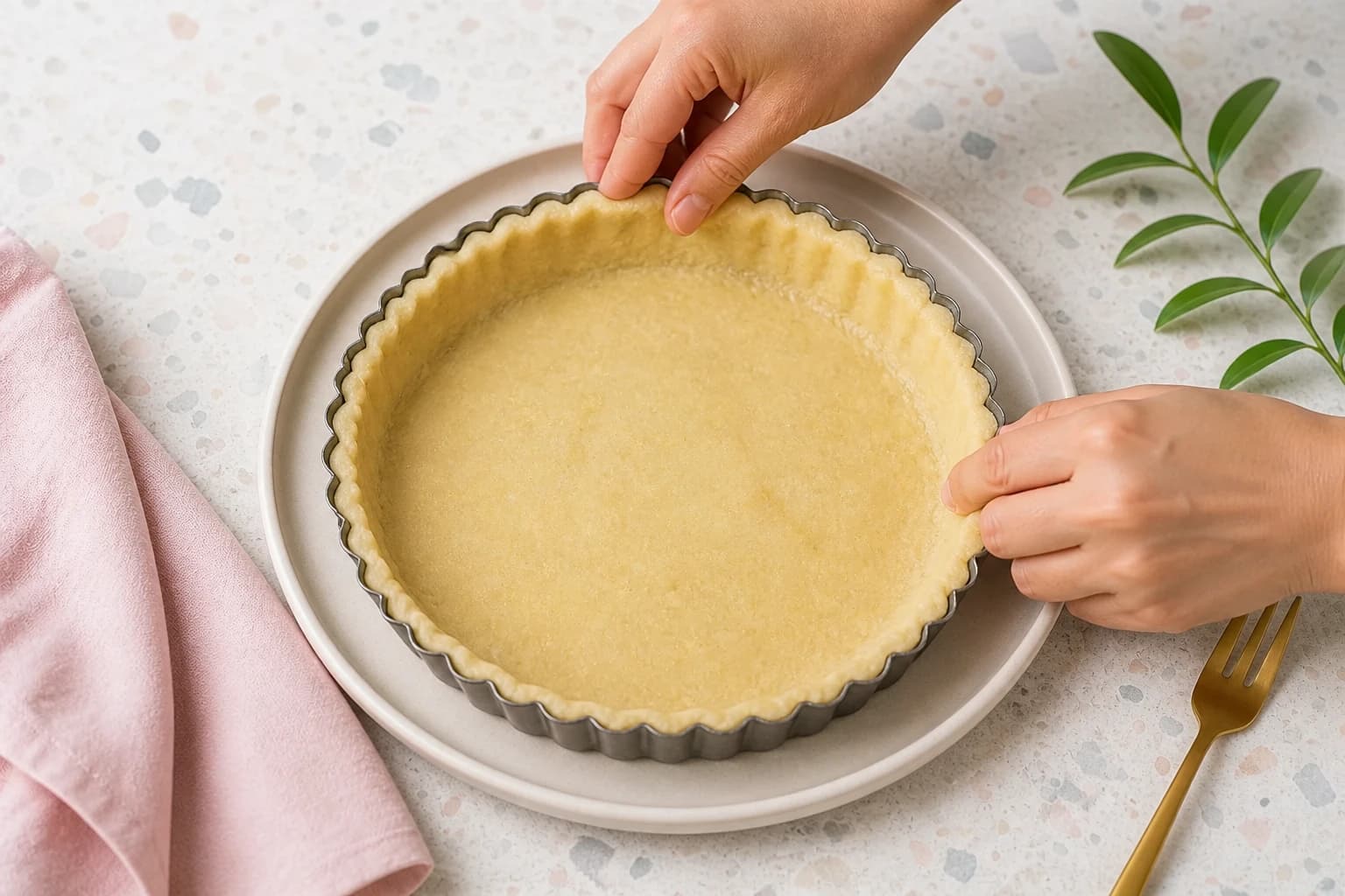 Fonçage de la pâte sablée dans le moule à tarte