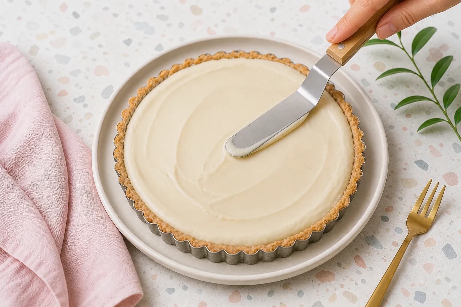 Crème d'amande vegan étalée sur le fond de tarte