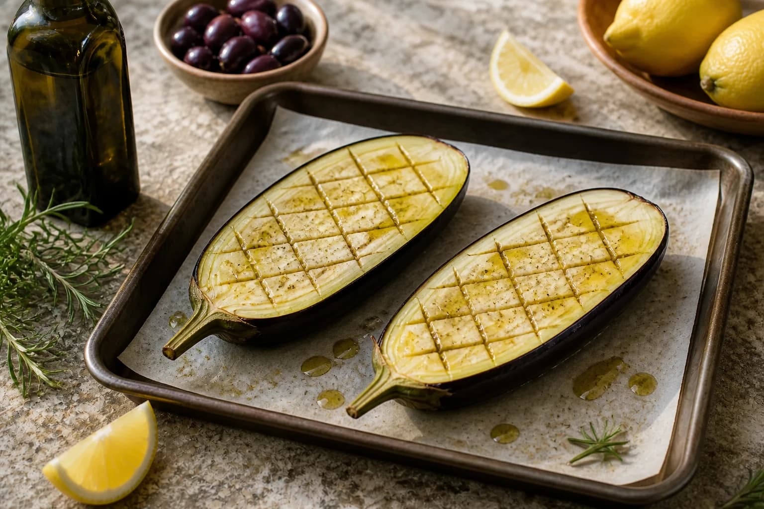 Aubergines coupées en deux et quadrillées sur une plaque