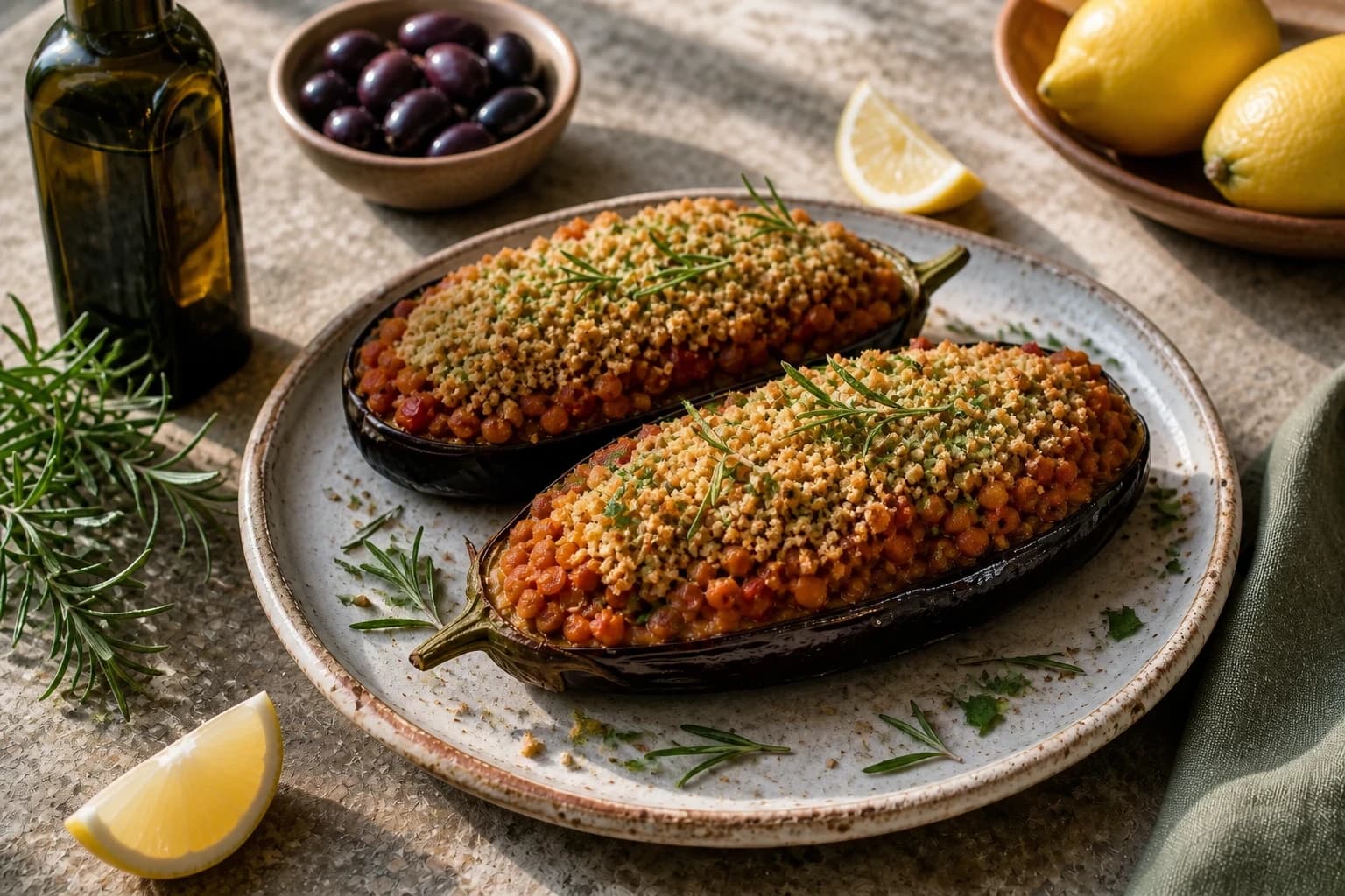 Aubergines farcies gratinées et dorées à la sortie du four