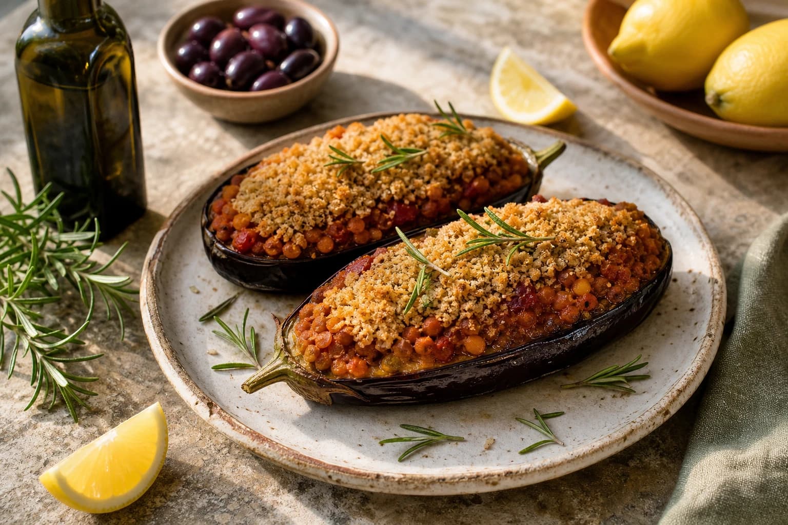 Aubergine farcie vegan, fondante et gratinée au four