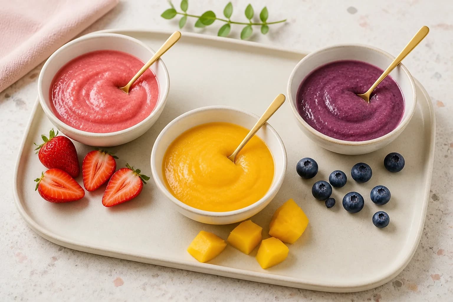 Trois purées de fruits mixées dans des bols