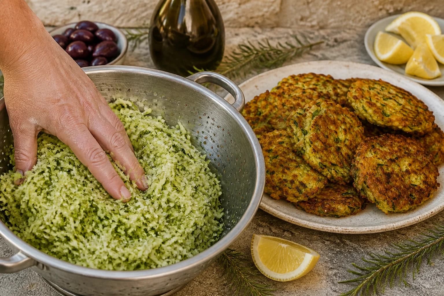 Courgettes râpées qui dégorgent dans une passoire avec du sel