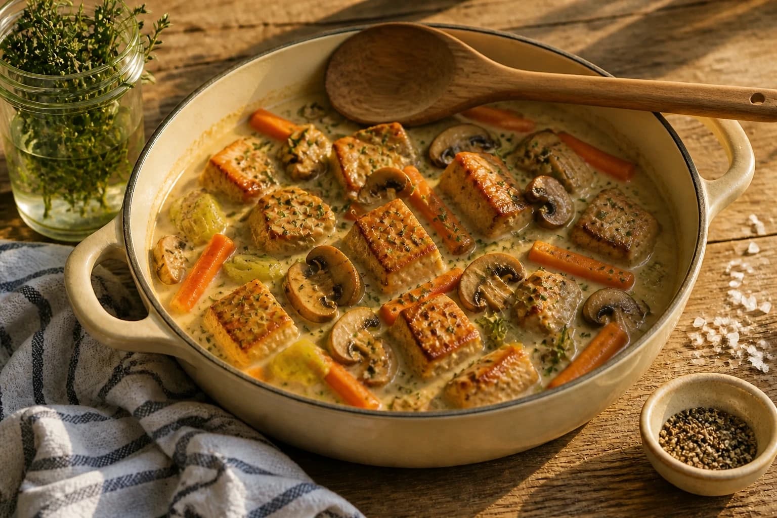 Cubes de seitan dorés à la margarine dans une cocotte en fonte