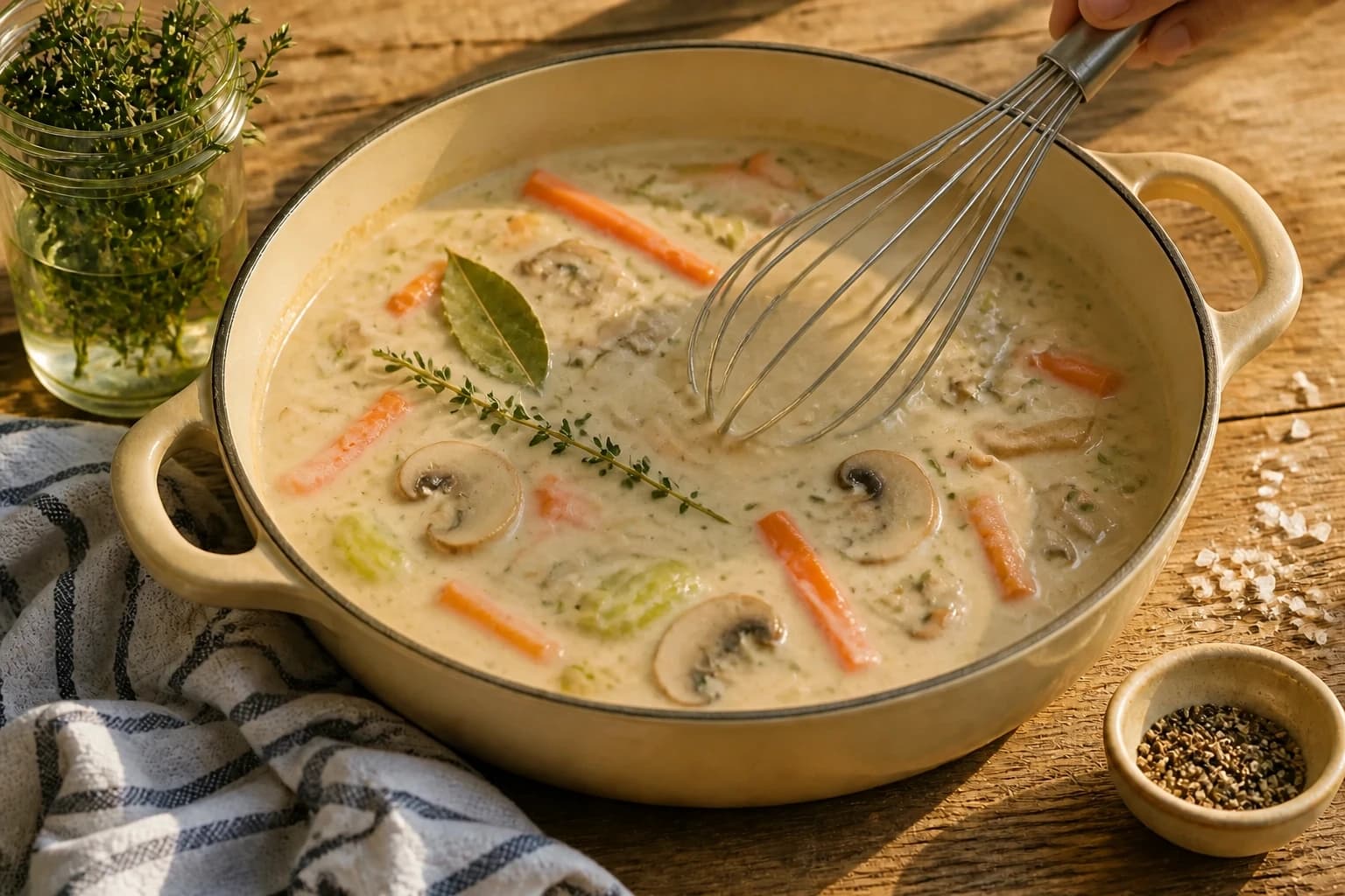 Sauce liée au fouet dans la cocotte, légumes et bouquet garni visibles