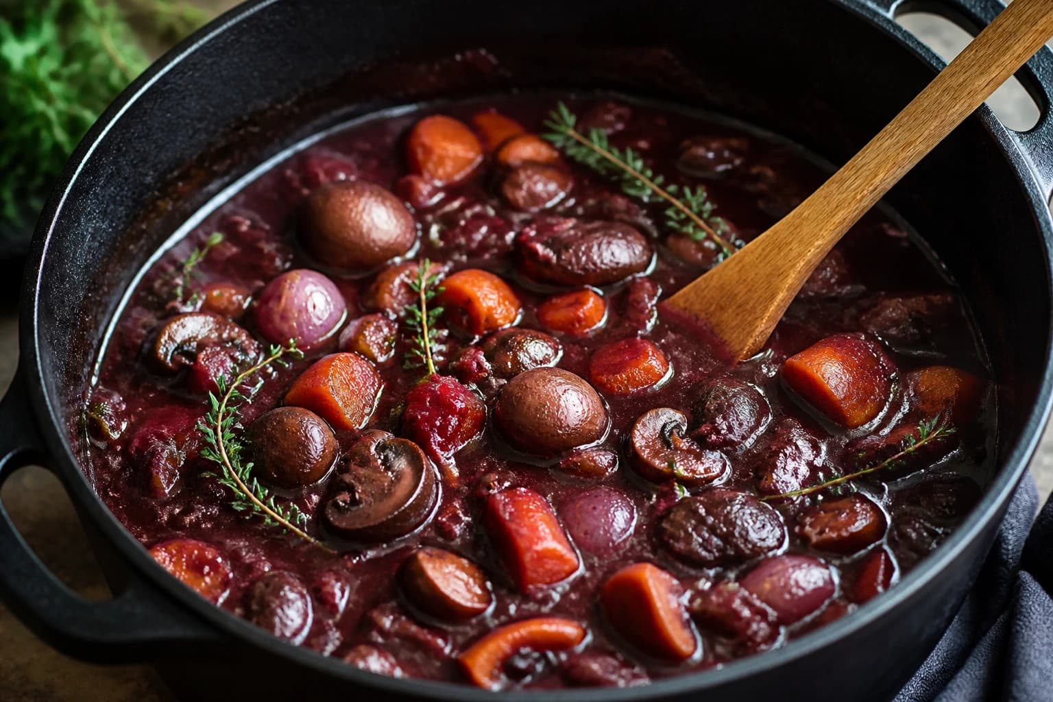 Bœuf bourguignon vegan servi dans une assiette creuse