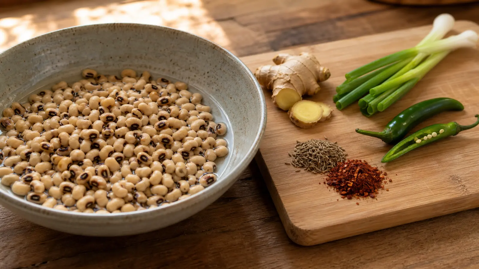 Tremper et égoutter les pois du Cap pour la recette bonbons piment reunionnais vegan