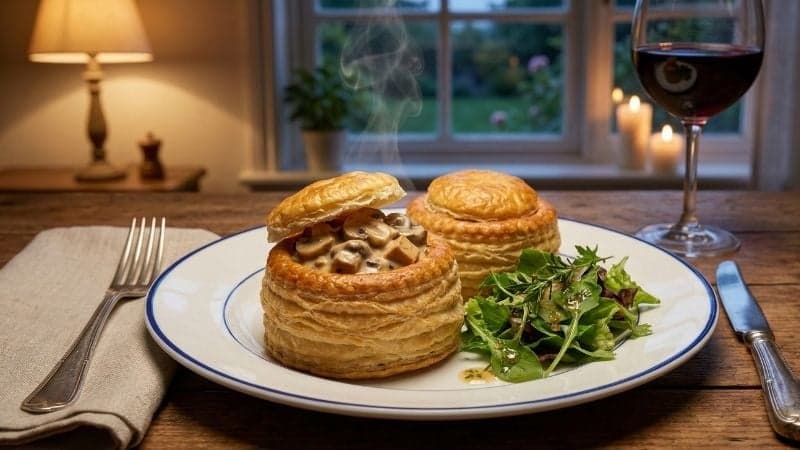 Le plat final deux bouchées à la reine vegan servies sur une assiette avec une salade, prêtes à être dégustées.