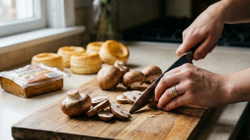Mains d'une femme découpant avec précision des champignons frais pour la farce des bouchées à la reine vegan.