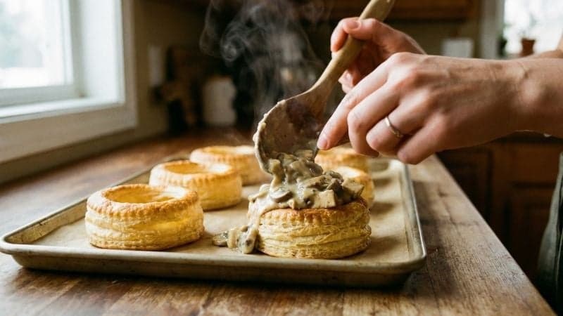 Une main de femme est en train de garnir généreusement une croûte feuilletée avec la préparation pour bouchée à la reine vegan.