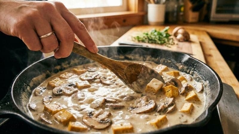 Une main de femme remue la garniture crémeuse aux champignons et tofu fumé pour la bouchée à la reine vegan dans une poêle.