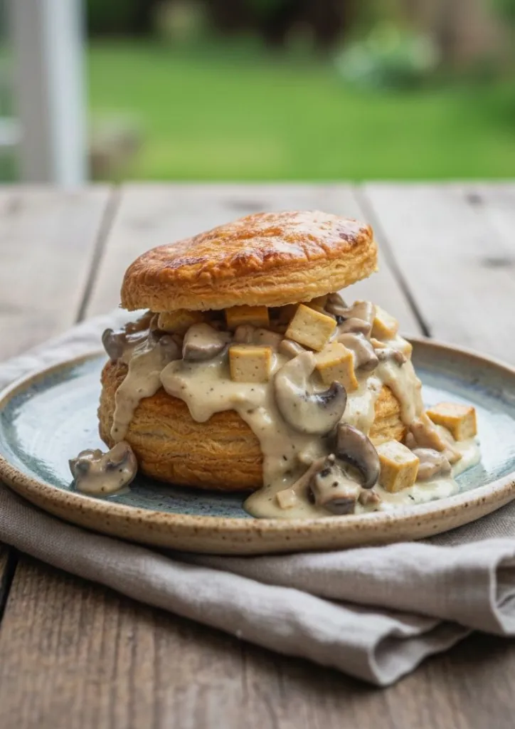 Vue d'ensemble des ingrédients frais nécessaires pour préparer la recette de bouchée à la reine vegan.