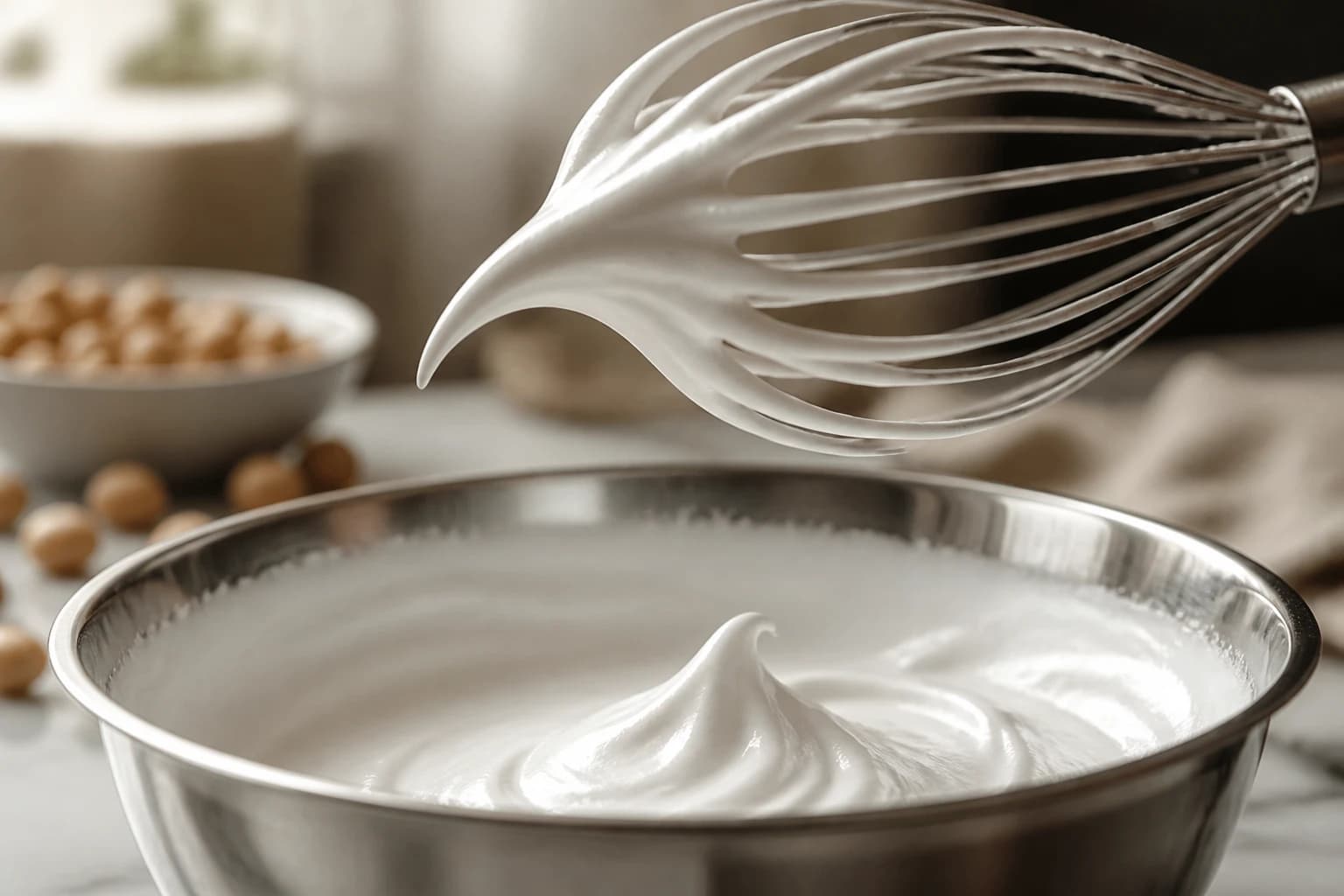 Meringue d'aquafaba montée en bec d'oiseau dans le bol