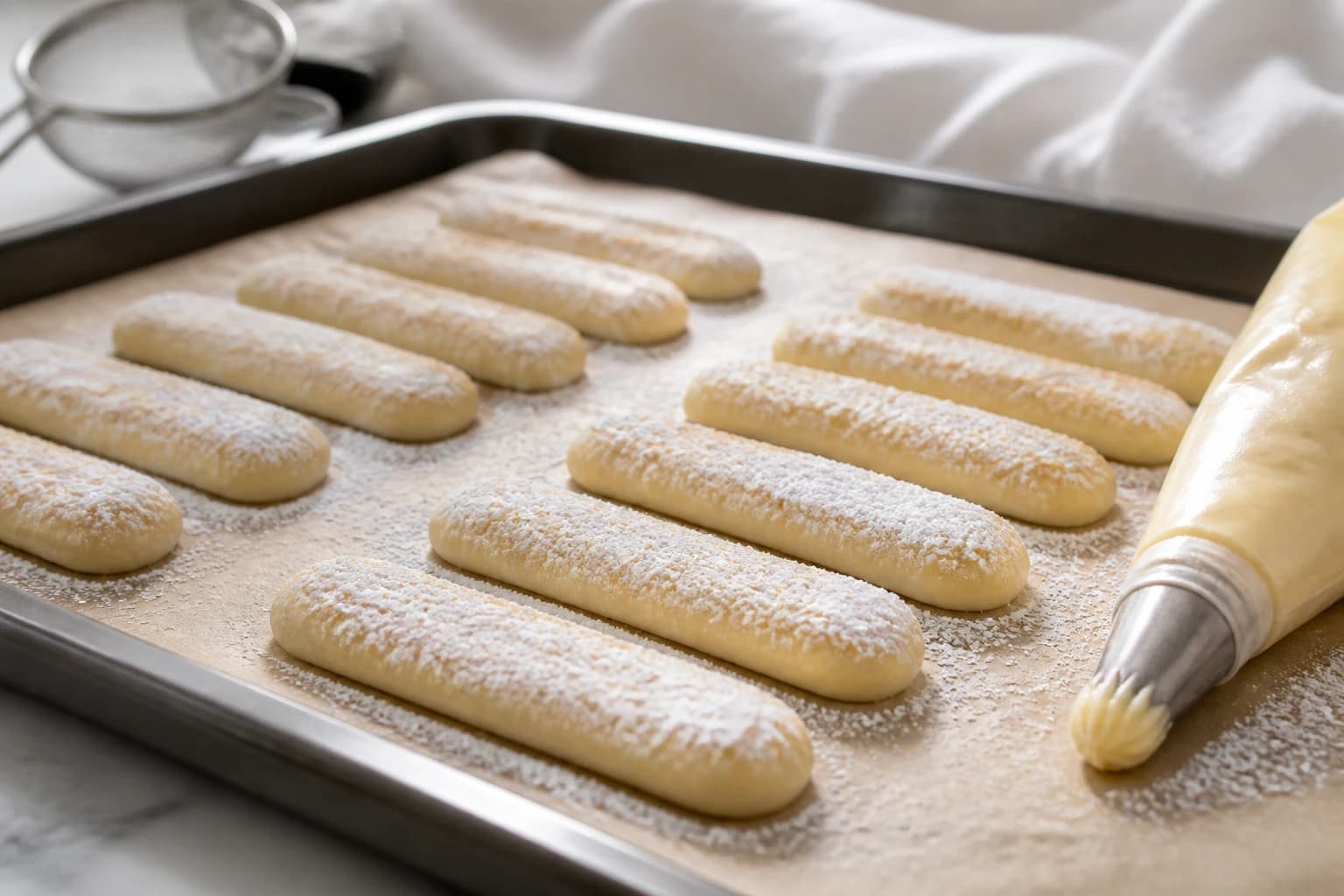 Bâtonnets dressés à la poche à douille avec le double saupoudrage de sucre glace