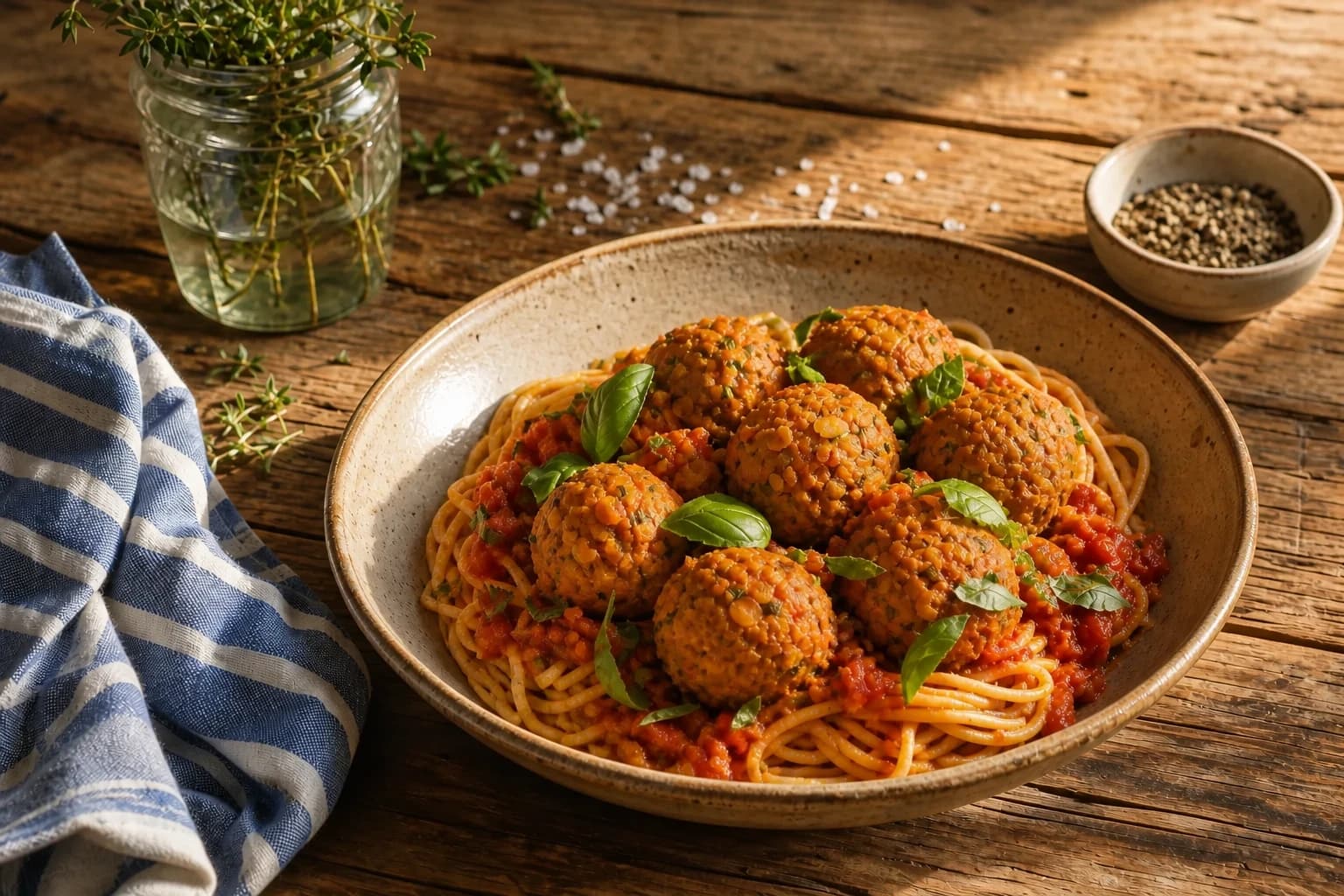 Boulettes vegan mijotées dans la sauce tomate sur un nid de spaghetti
