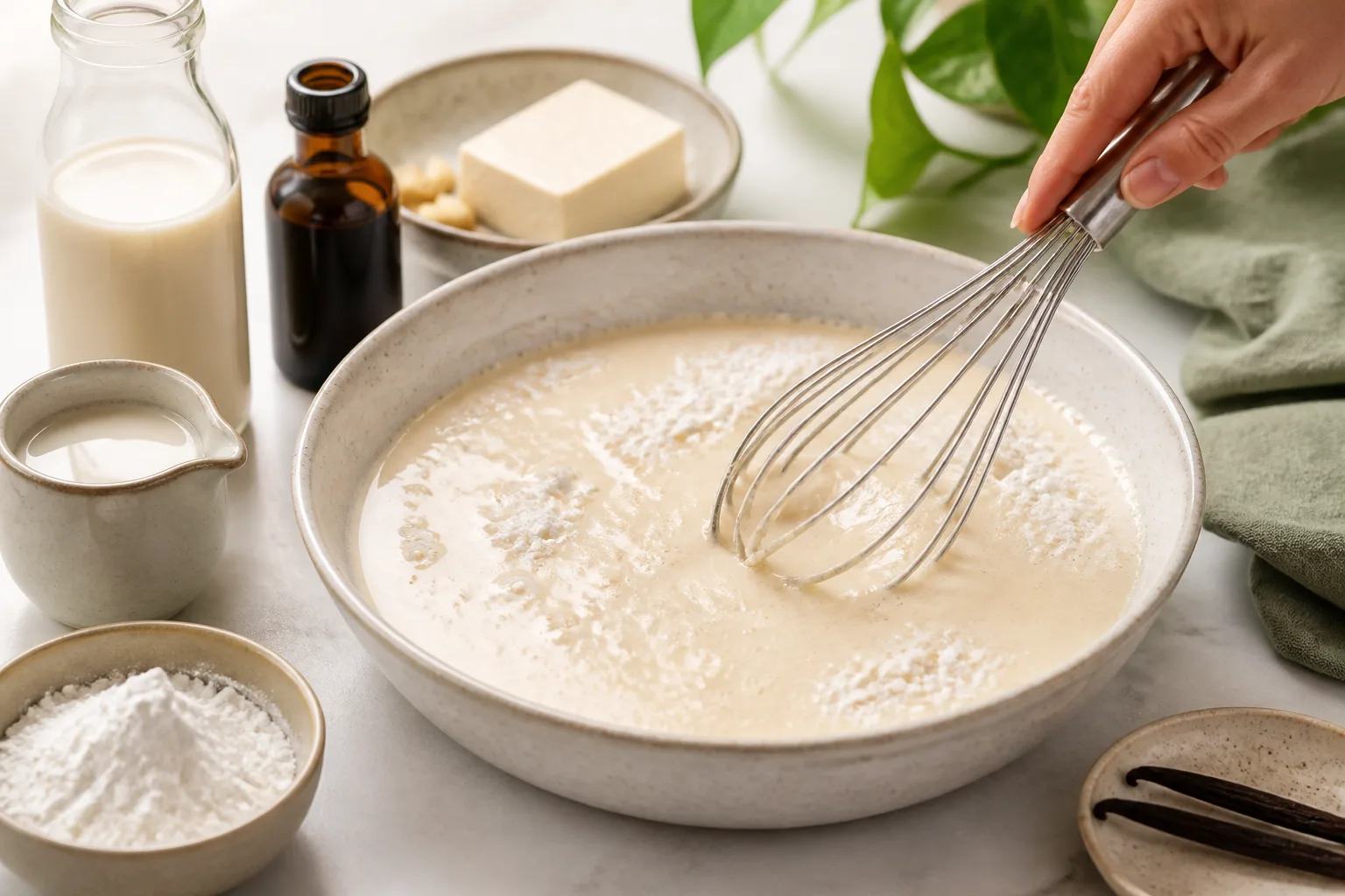 Appareil à tremper vegan fouetté dans un plat creux avec lait végétal et vanille