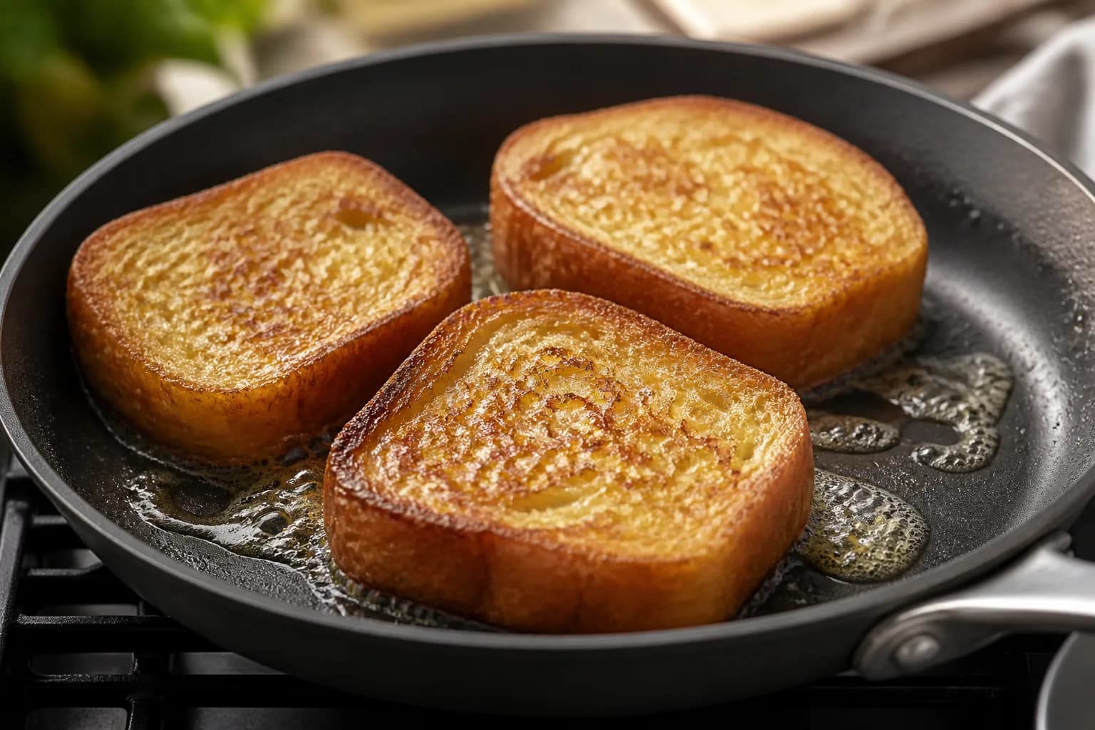 Tranches de brioche en train de dorer dans une poêle avec de la margarine vegan