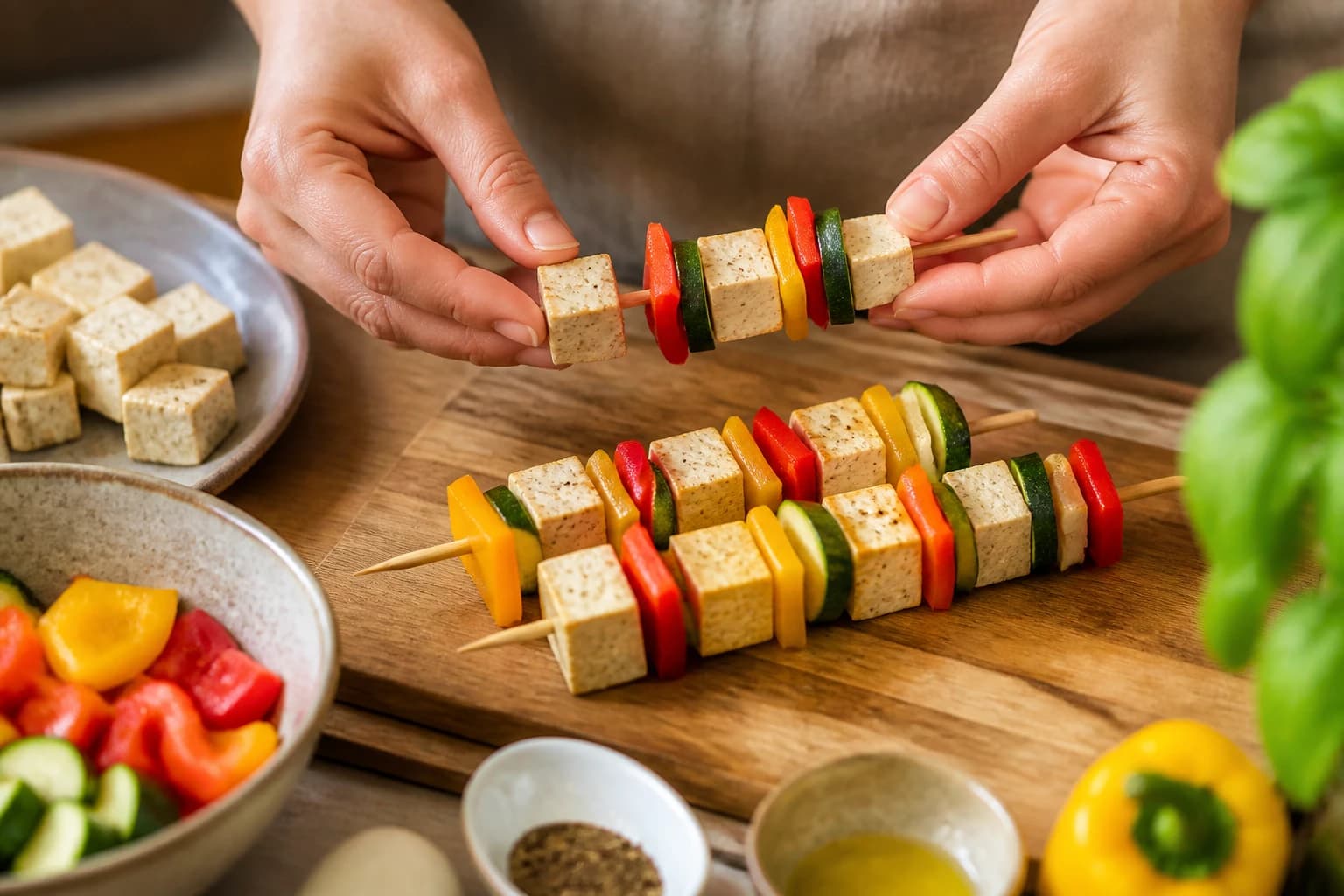 Montage des brochettes de tofu en alternant cubes, poivrons et courgette