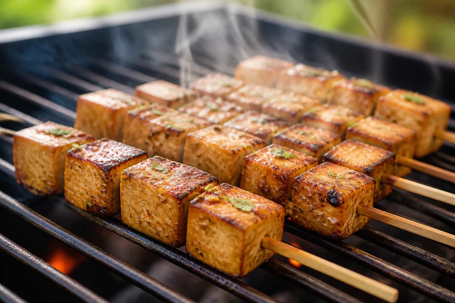 Brochettes de tofu dorées et caramélisées qui grillent au barbecue