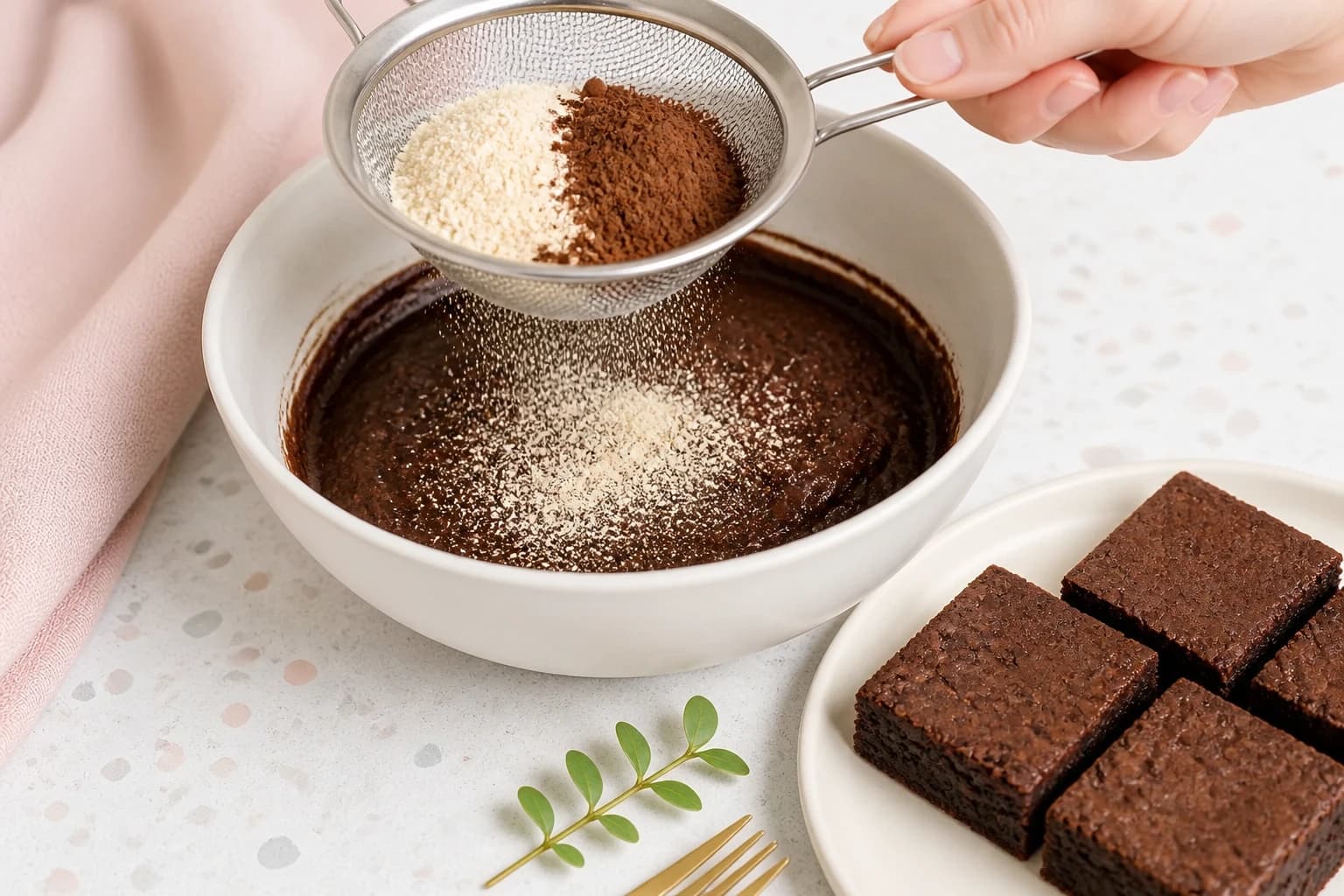 Poudre de protéine et cacao tamisés au-dessus de la pâte