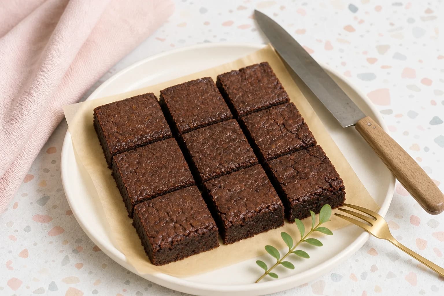 Brownie protéiné coupé en carrés, cœur fondant visible
