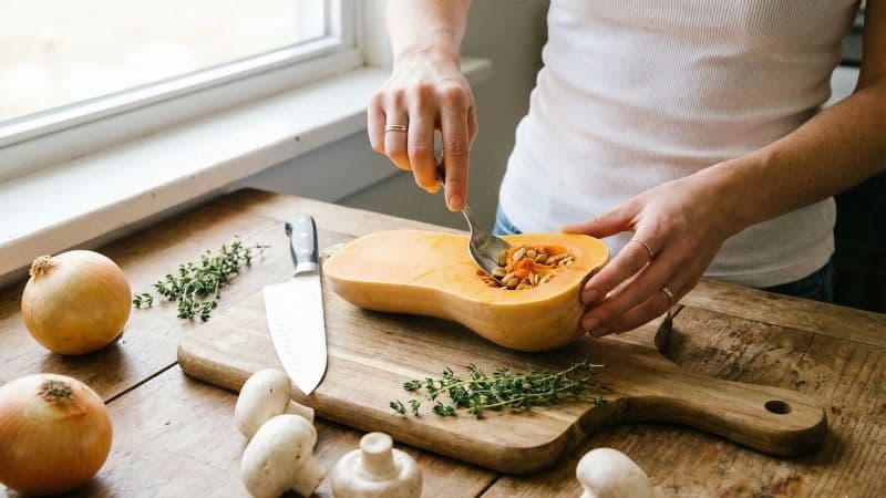 Préparation de la butternut farcie vegan évidage de la courge à côté de champignons frais et d'oignons.