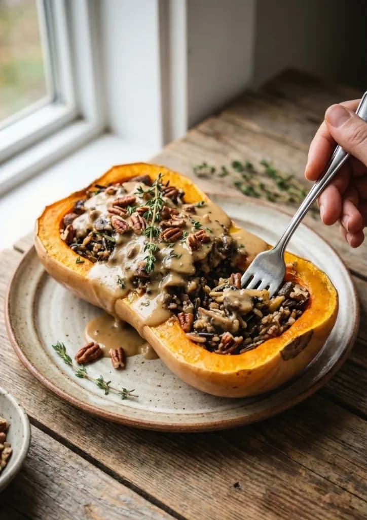Une butternut farcie vegan rôtie, nappée d'une sauce crémeuse au soja, présentée sur une table rustique.
