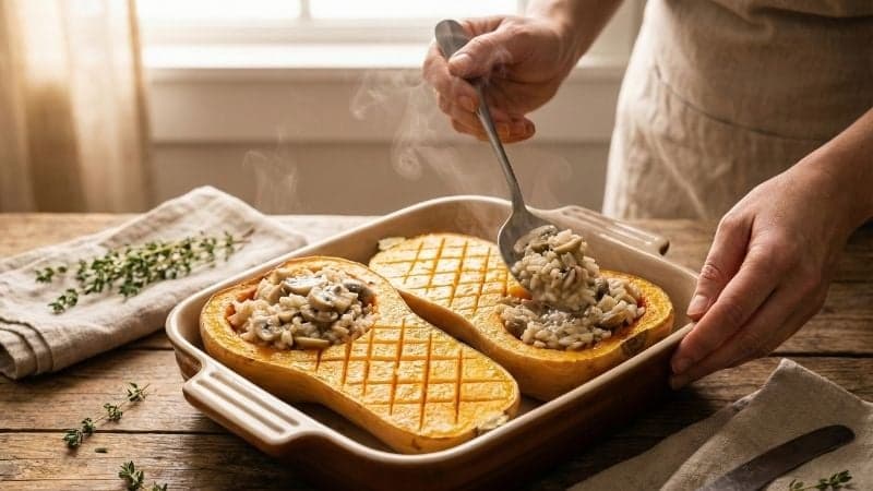 Garnissage de la butternut farcie vegan avec une farce onctueuse au riz, champignons et crème végétale.