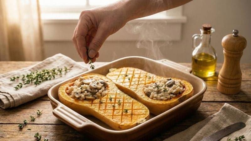 Plat final de butternut farcie vegan, fumant et doré, décoré de thym frais avant d'être servi.