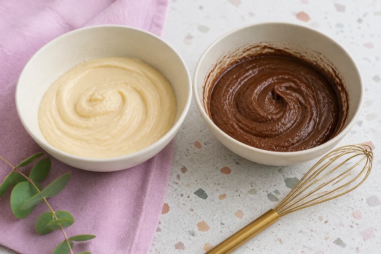 Pâte vanille et pâte au cacao dans deux saladiers