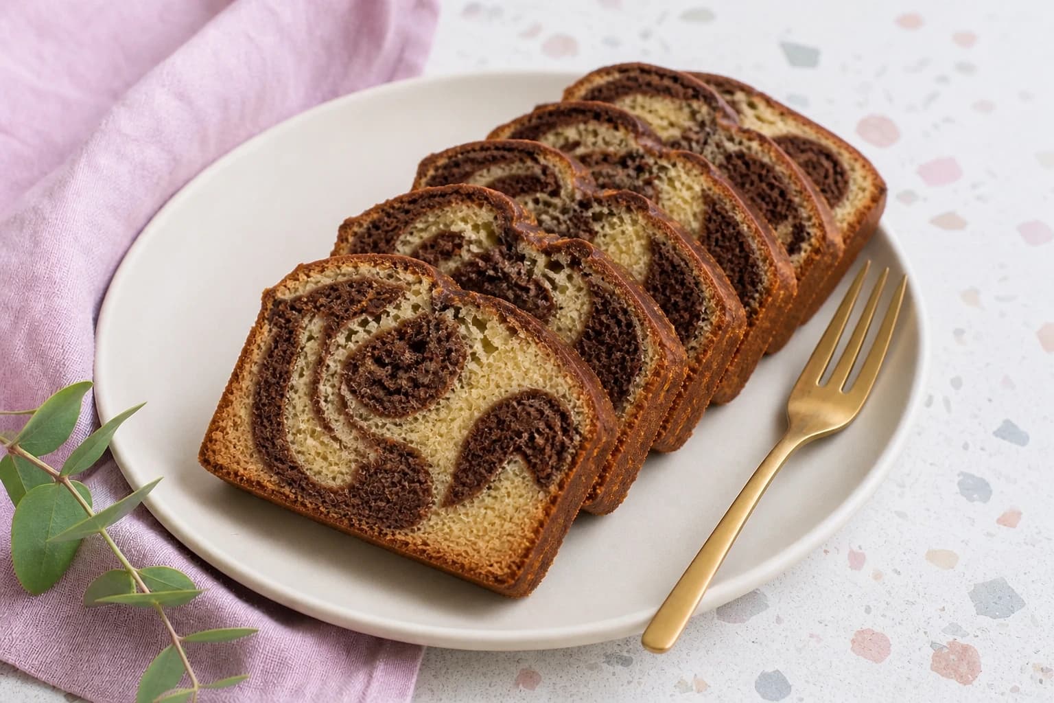 Tranches de cake marbré vegan montrant les veines vanille et chocolat