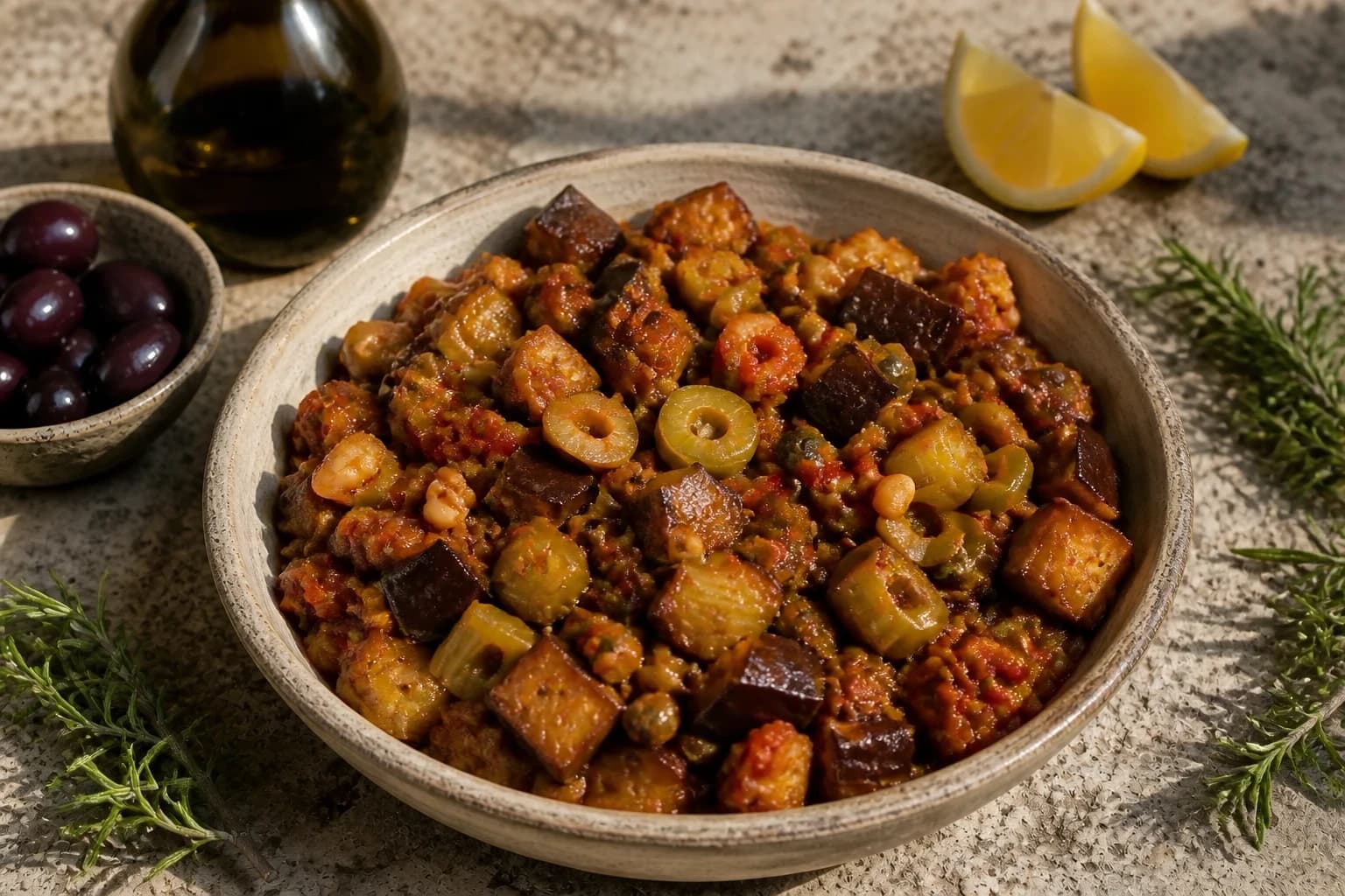 Dés d'aubergine dorés dans une poêle avec de l'huile d'olive
