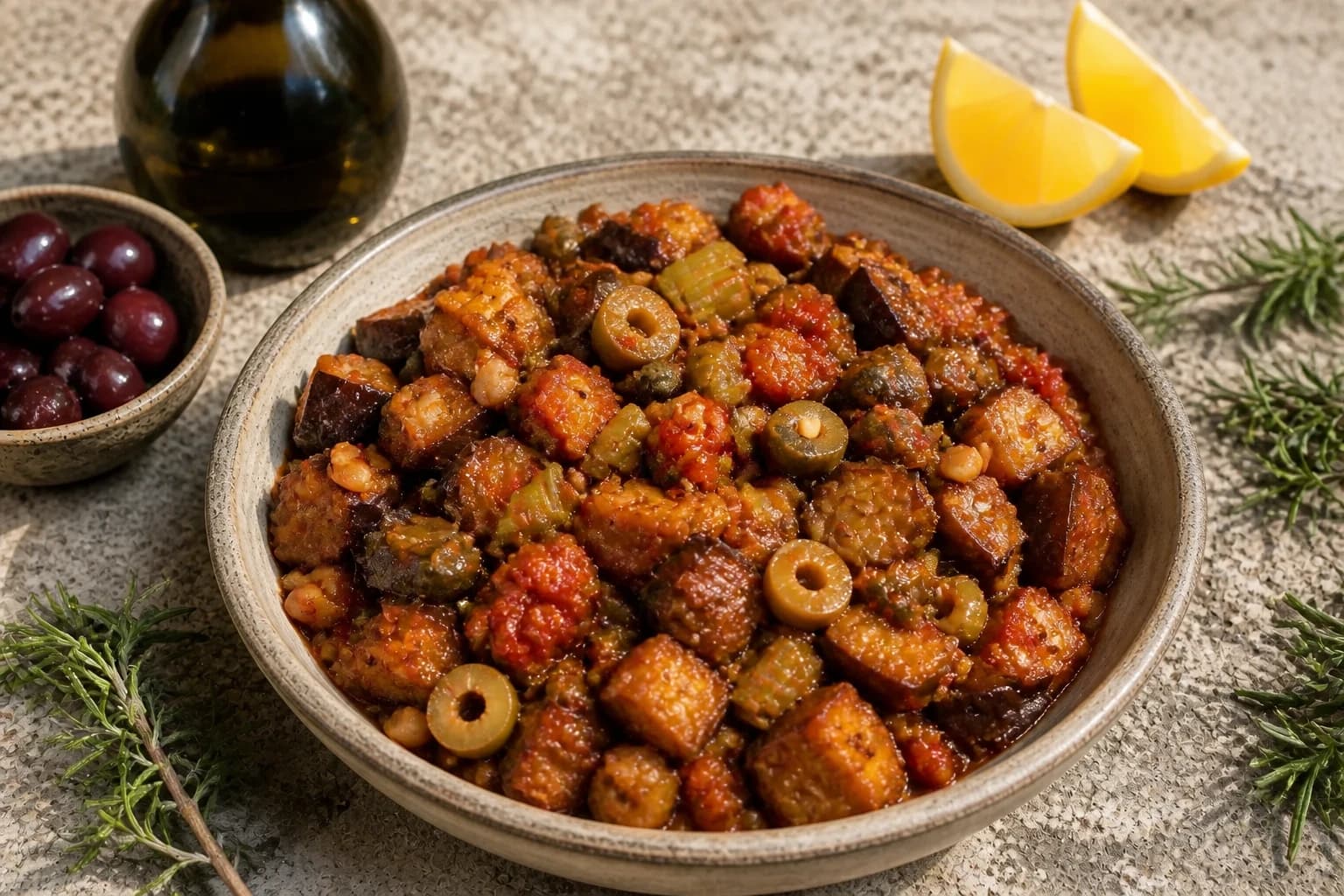 Céleri, olives et câpres qui mijotent avec la tomate dans la poêle
