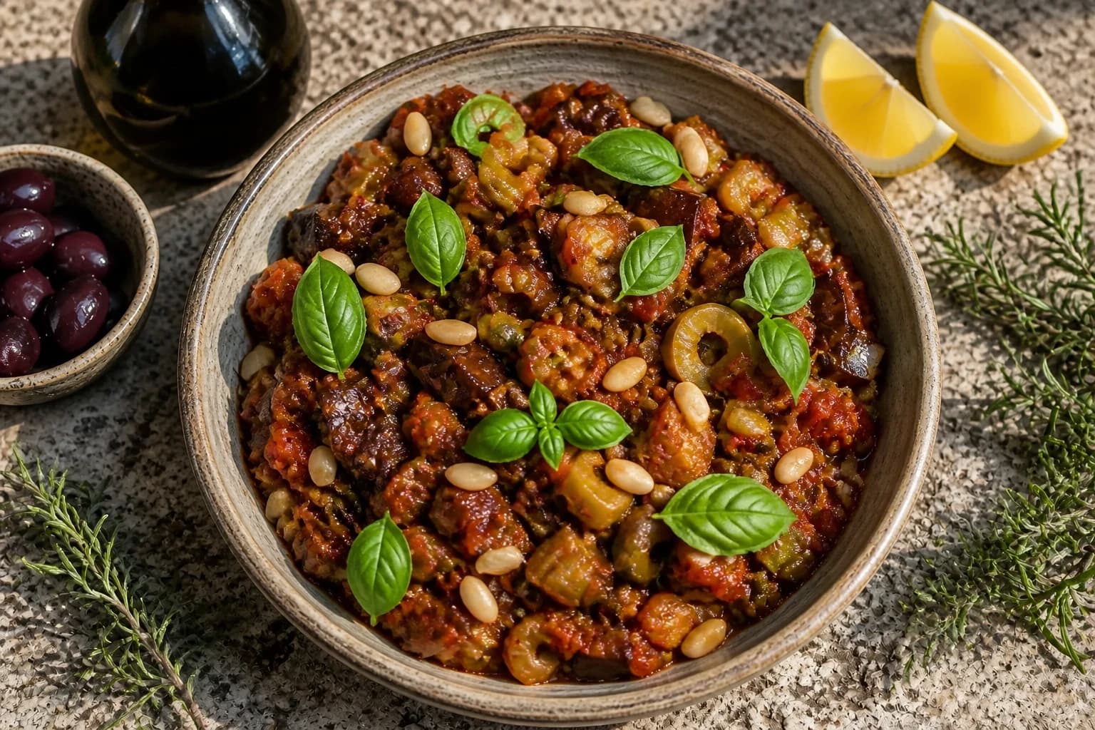 Caponata sicilienne vegan dressée dans un plat creux, parsemée de basilic et de pignons