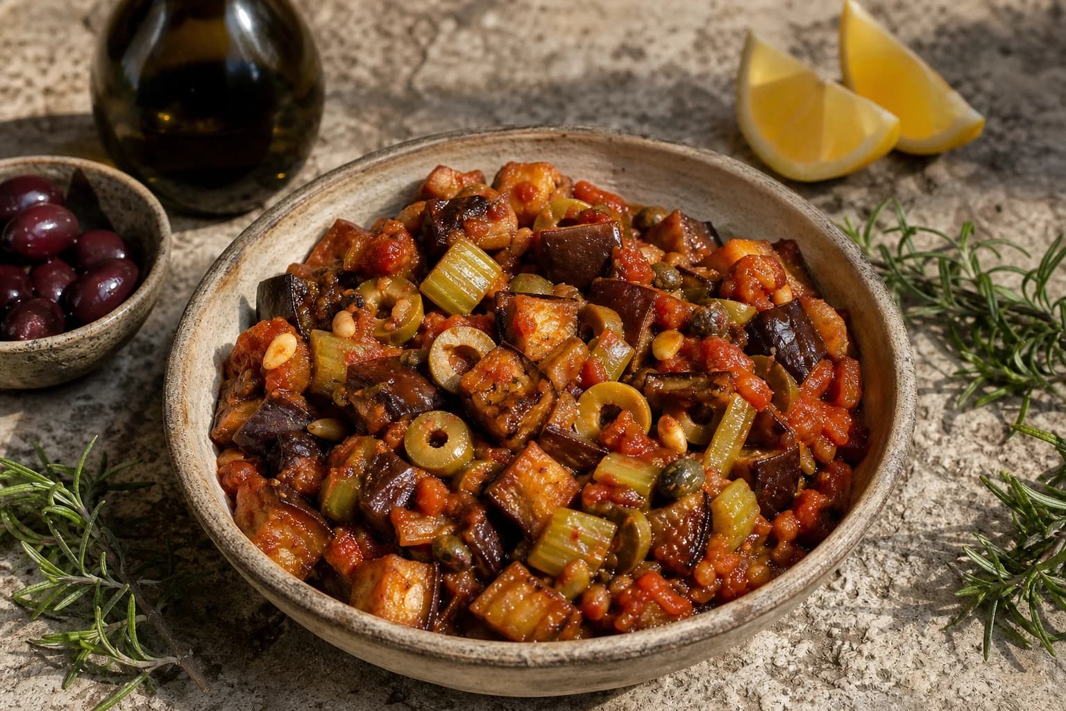 Caponata sicilienne vegan : l'aigre-doux fondant du sud