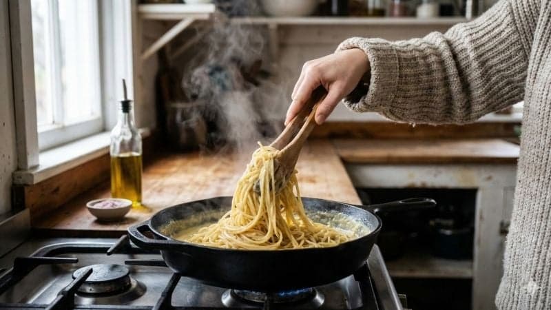 Mélange des spaghettis et de la sauce carbonara vegan crémeuse dans une poêle chaude.