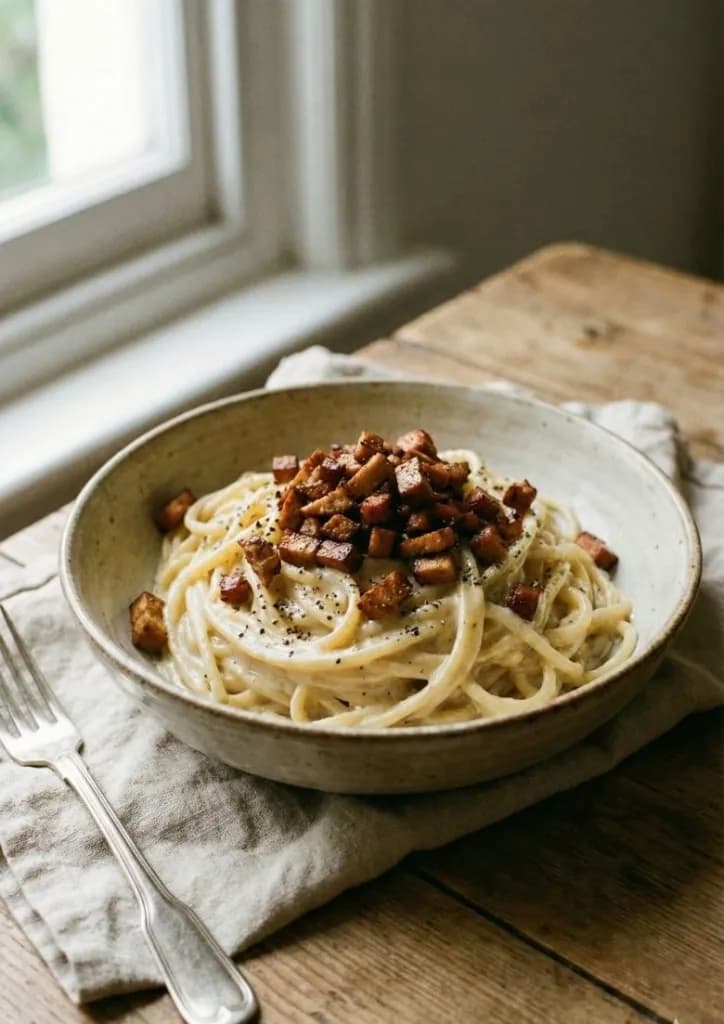 Bol généreux de carbonara vegan bien crémeuse avec lardons de tofu fumé et poivre noir.