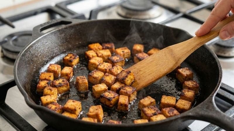 Gros plan sur des lardons de tofu fumé dorés et croustillants pour la carbonara vegan.