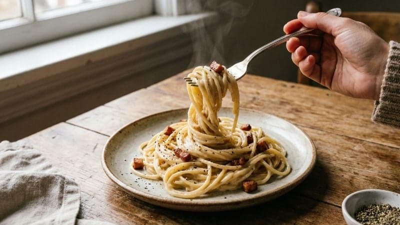 Une fourchette enroulant une belle bouchée de pâtes carbonara vegan onctueuses.