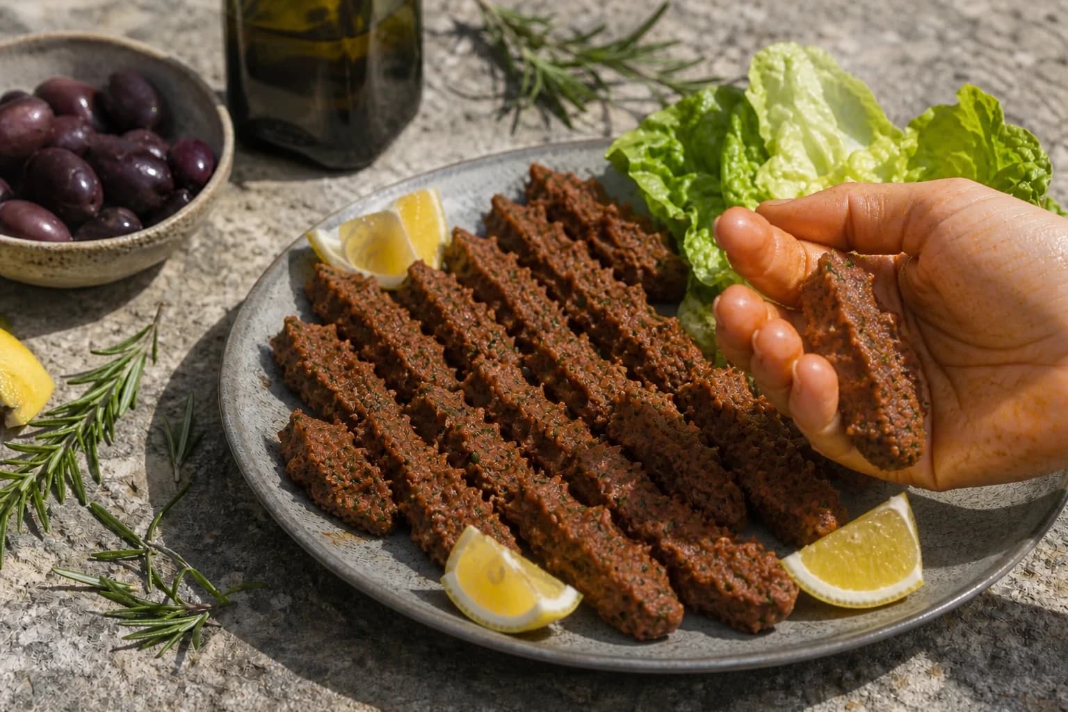 Mains qui pétrissent la pâte rouge de boulgour aux épices dans un saladier
