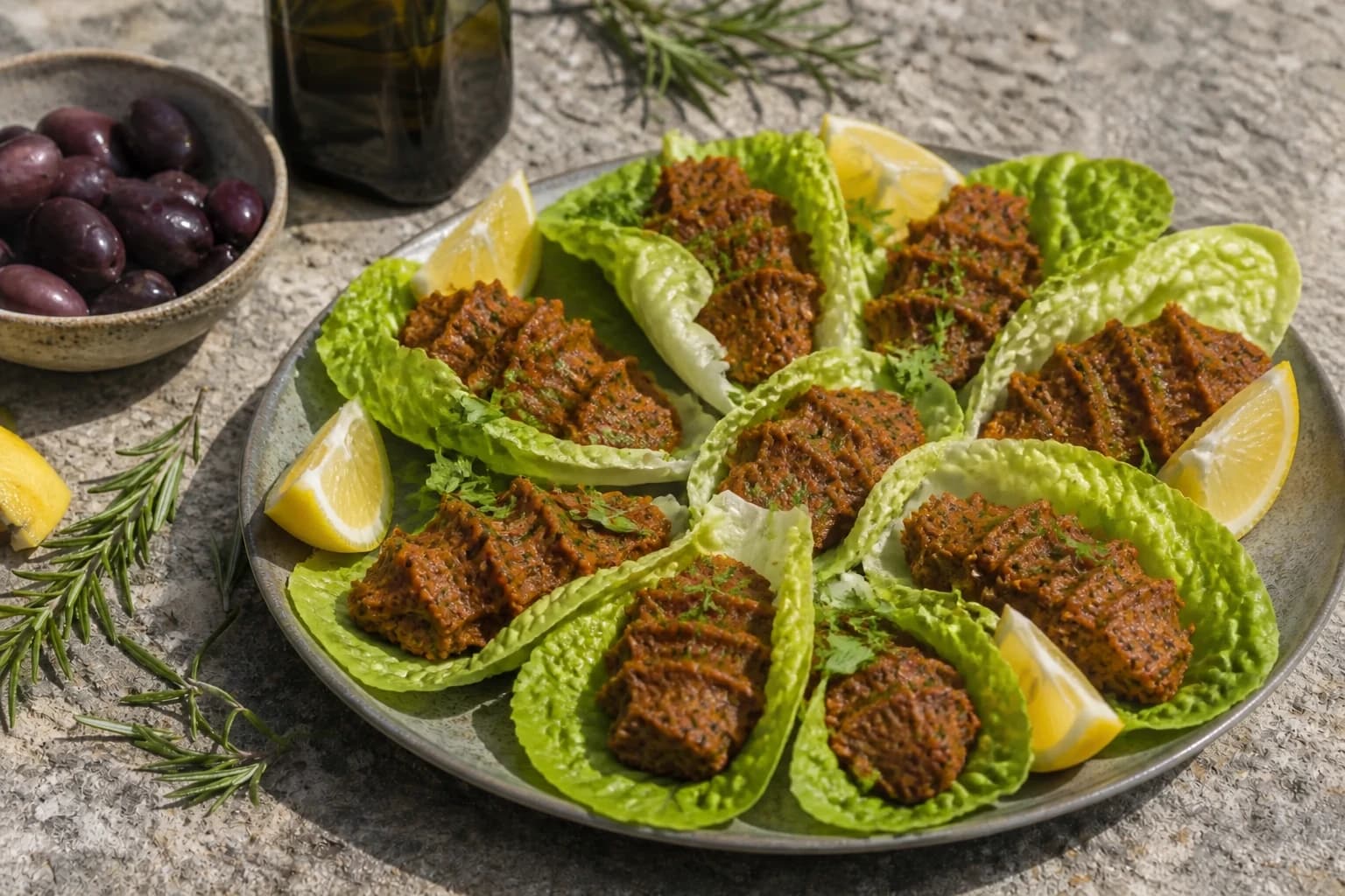 Boulettes de çiğ köfte vegan servies dans des feuilles de laitue avec quartiers de citron