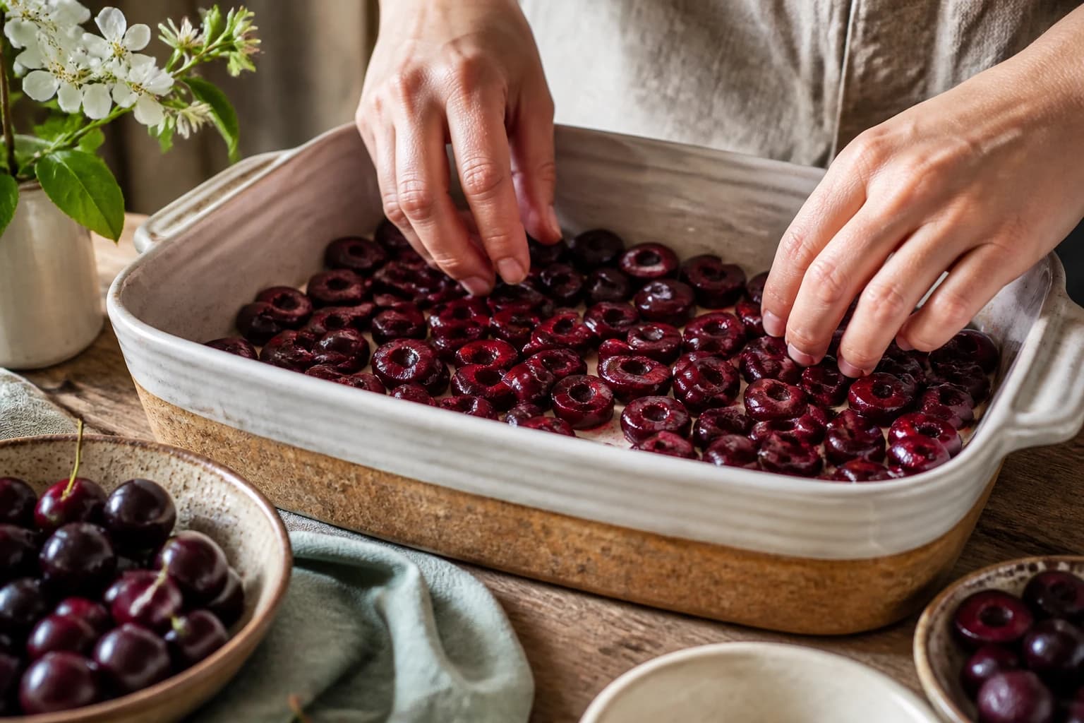 Cerises fraîches dénoyautées réparties dans un plat à gratin