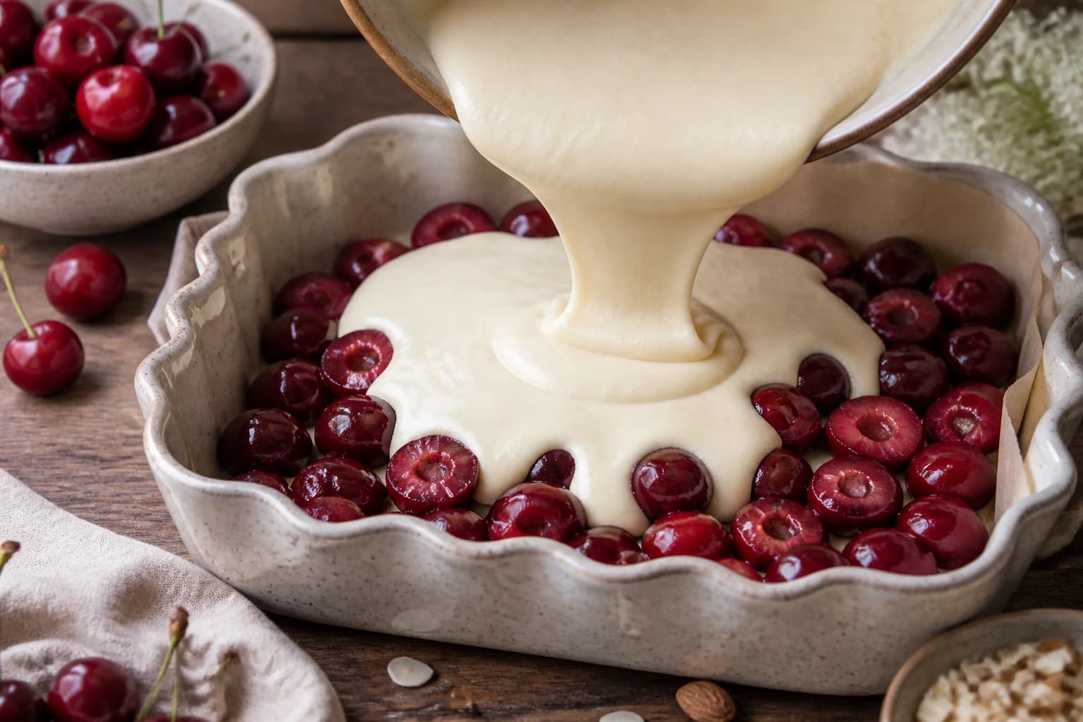 Appareil à clafoutis vegan versé sur les cerises avant cuisson