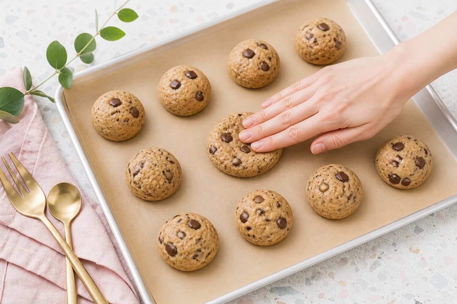 Douze boules de pâte à cookies aux pépites de chocolat alignées sur la plaque de cuisson